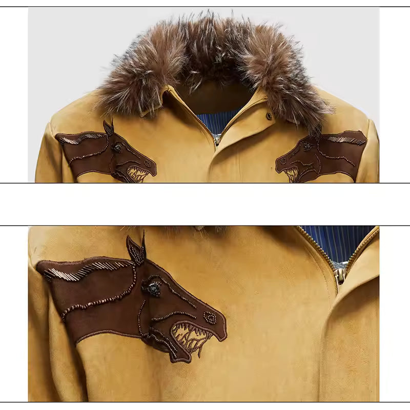 Faux Fur Brushed Neck Patchwork Pattern Casual Jacket