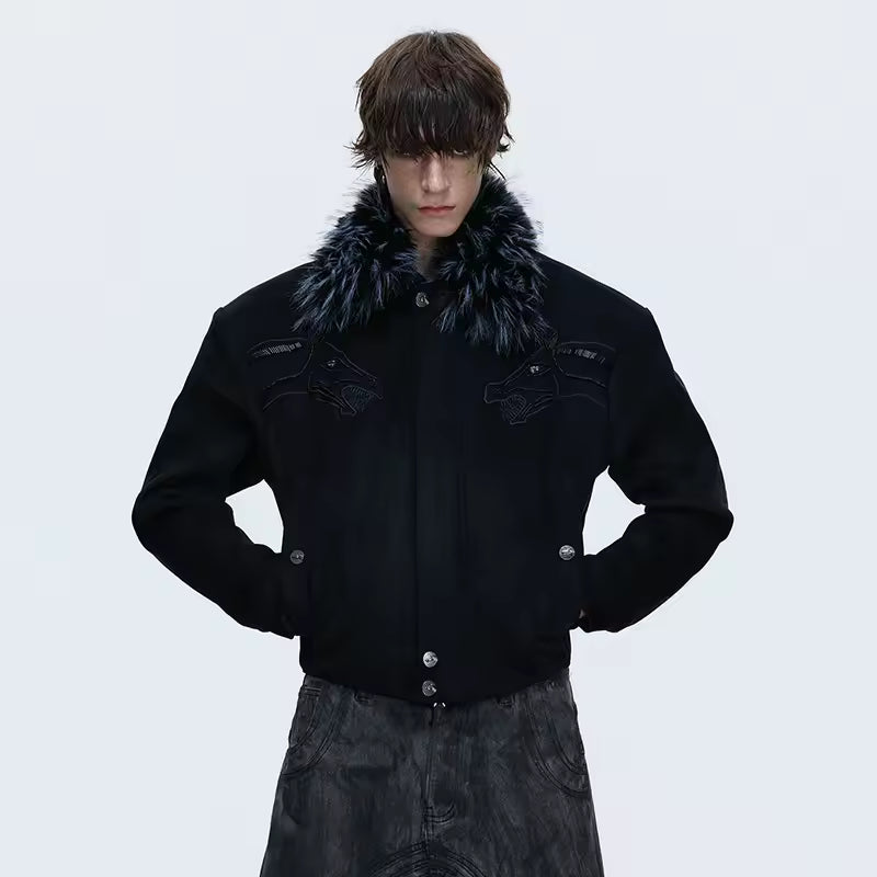 Faux Fur Brushed Neck Patchwork Pattern Casual Jacket